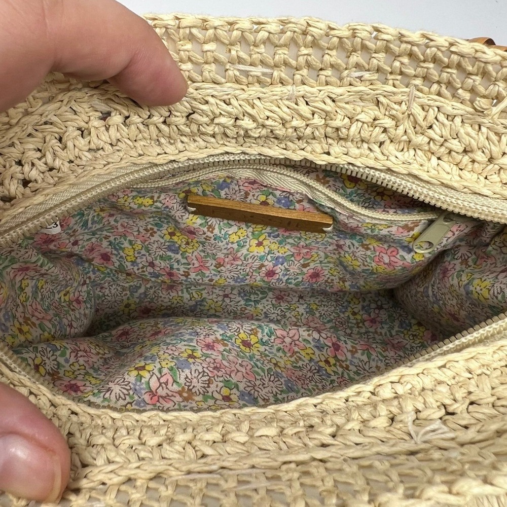 Fossil Straw Woven Top Handle Bag Floral Embroidered Wood Handle Handbag - Picture 5 of 14
